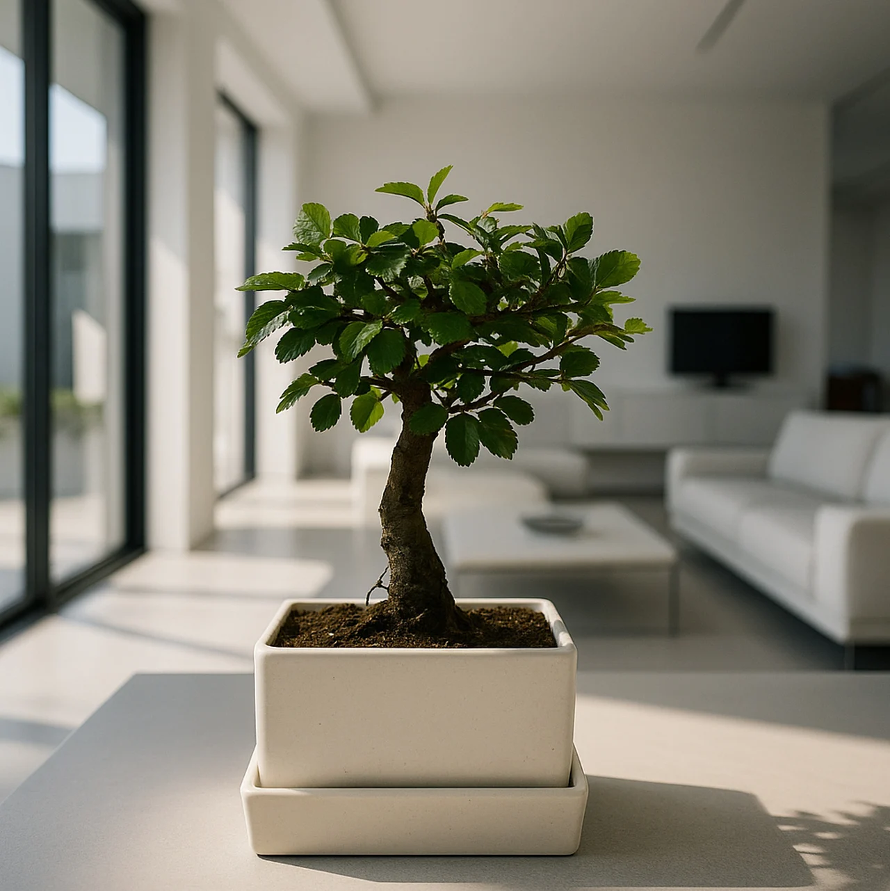 Zimmerbonsai in heller Keramikschale auf einem Tisch im Wohnraum