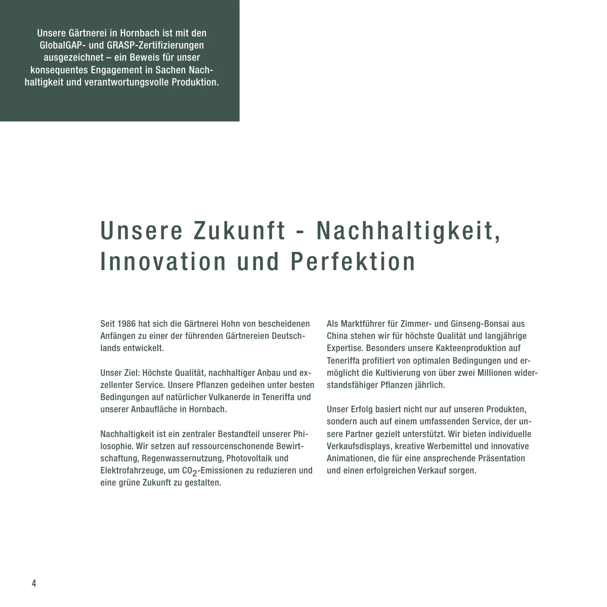 Seite 4 der Imagebroschüre: Unsere Zukunft — Nachhaltigkeit, Innovation und Perfektion
