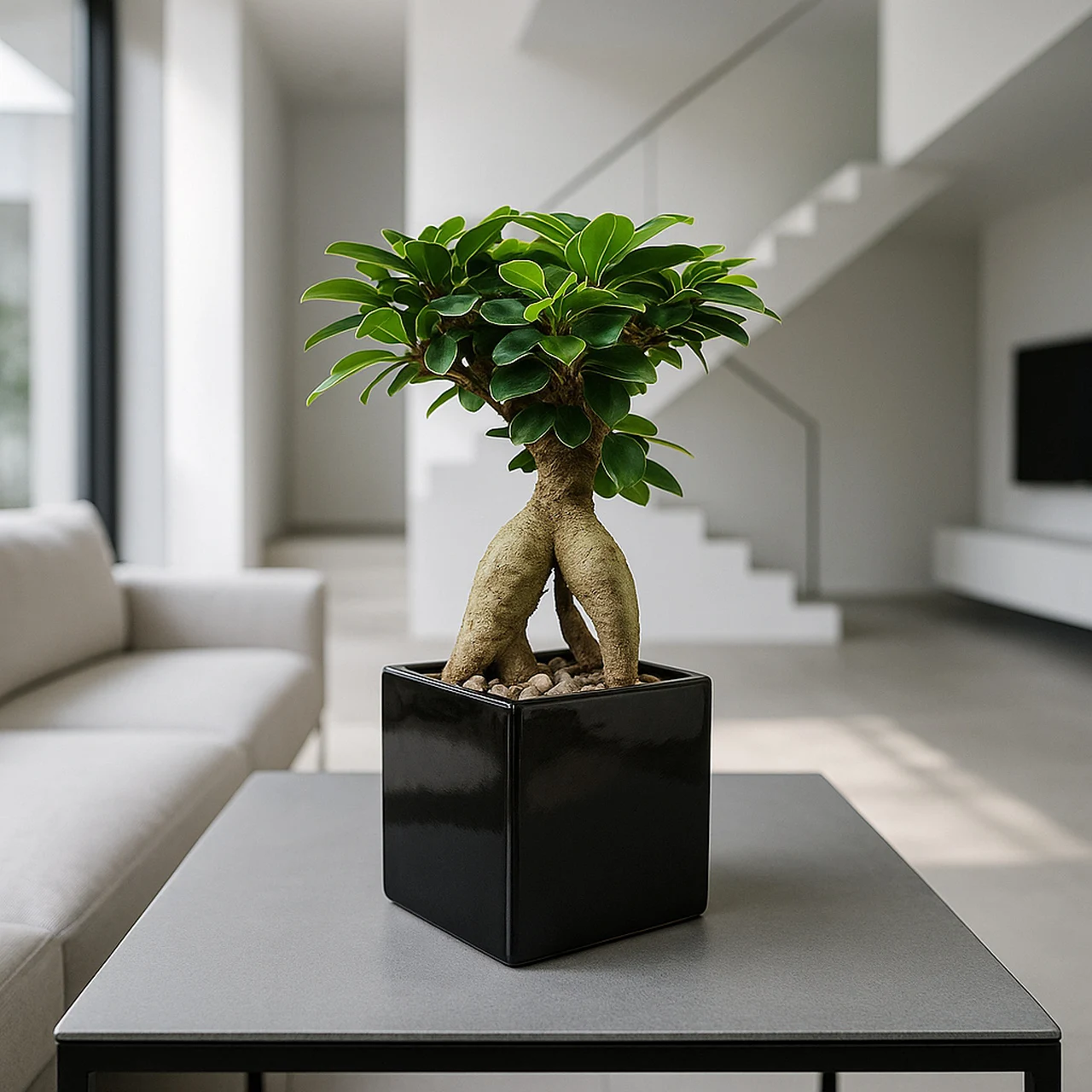 Modern-Living-Bonsai im schwarzen Keramikwürfel auf einem Tisch, im Hintergrund ein heller Wohnraum