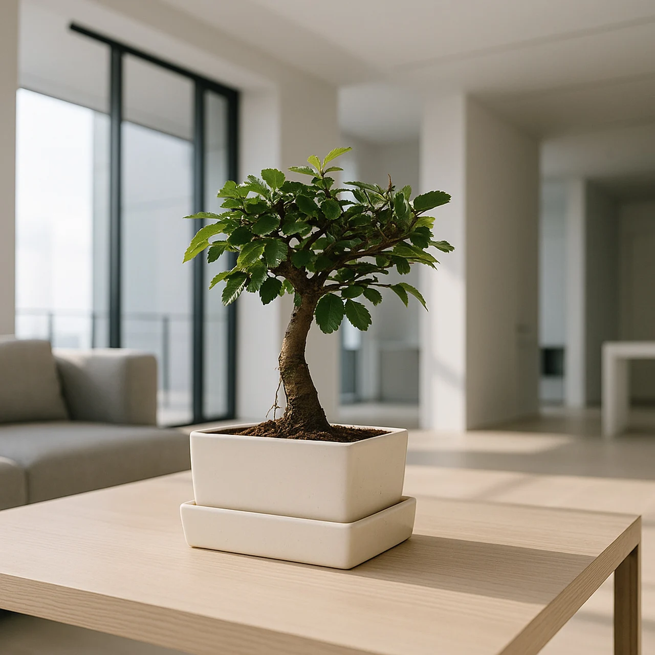 Bonsai in einer weißen Selbstbewässerungsschale auf einem Holztisch, im Hintergrund ein heller Wohnraum