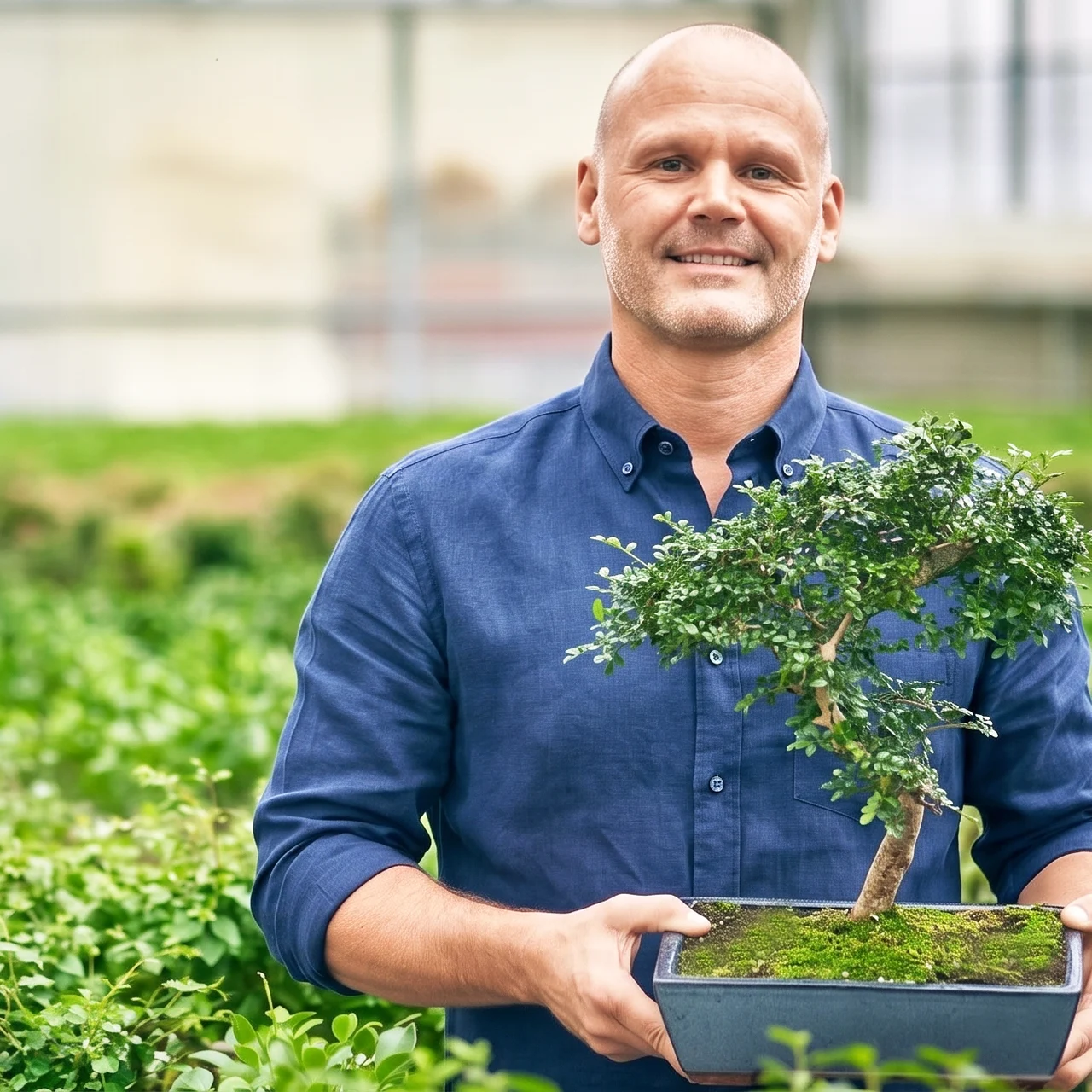 Thomas Hohn, Geschäftsführer der Gärtnerei Hohn, im Gewächshaus mit einem Bonsai in den Händen